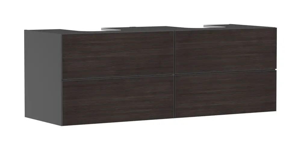 Waschtischunterschrank in schiefergrauem Finish mit vier Schubkästen, hergestellt von Hansgrohe, für die Montage unter zwei Aufsatzwaschtischen.
